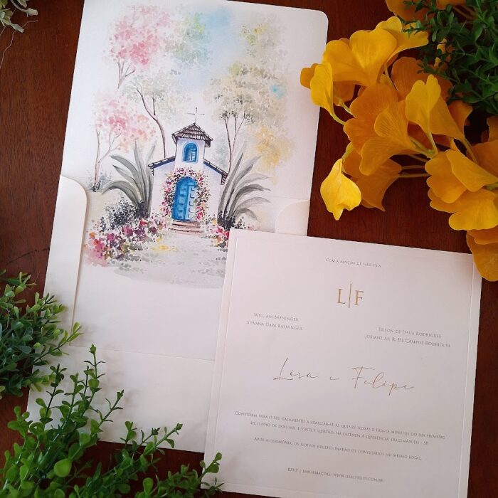 convite de casamento com aquarela no envelope