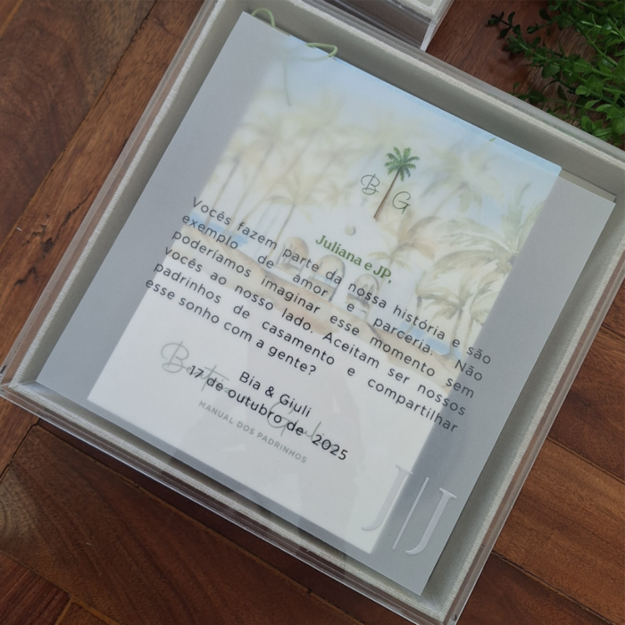 caixa de padrinhos com tampa em acrilico e mensagem