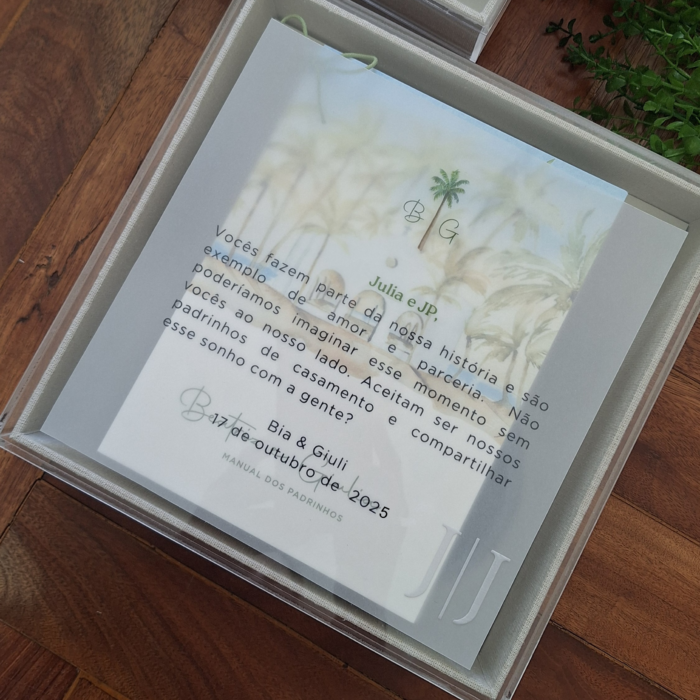caixa de padrinhos com tampa em acrilico e mensagem quadrada