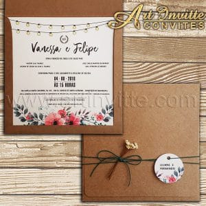 Convite de casamento rústico Kraft quadrado janela 20x20 modelo