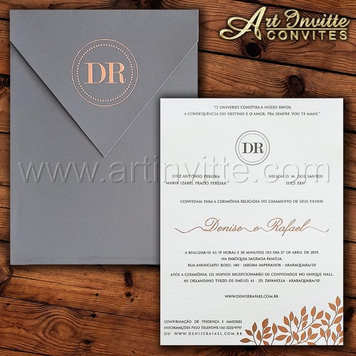 Convite de casamento Moderno - Haia HA 068 - Cinza e Rosê - Art Invitte Convites