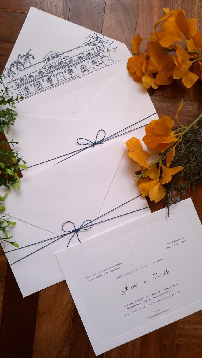 convite de casamento com ilustração do local em azul marinho